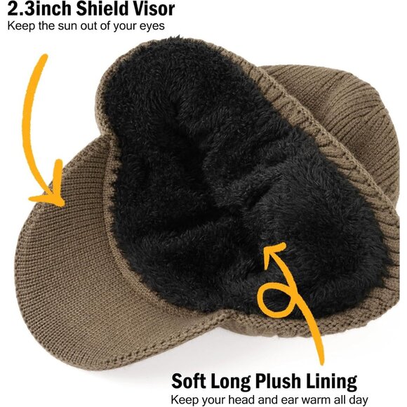 Men's Brown Winter Beanie Brim And Ear Flaps Outdoor Warm Fleece Lined Knit Hat - Picture 3 of 6